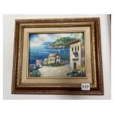 SEASIDE VILLAGE SCENE, ORIGINAL ART ON CANVAS,