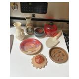 ART GLASS FOOTED FRUIT, SUN, SHOVEL, VASES,
