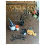 WELCOME SIGN, PUMPKIN, SKELTON PLANTER ETC.