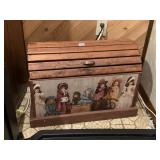 WOODEN DOME TOP DOLL TRUNK WITH ANTIQUE DOLL
