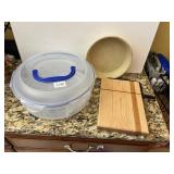 PAMPERED CHEF STONEWARE PIE DISH, CHEESE BOARD,