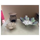 STAINED GLASS BOWL, LOTUS TEA LIGHT HOLDER AND