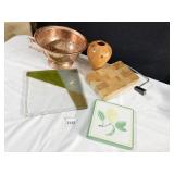 COPPER STRAINER, WOODEN VASE, ETC.