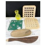 BUBBLE GLASS VASE, TEAK KNIFE, ETC.