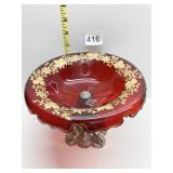 RUBY GLASS PEDESTAL BOWL WITH HAND PAINTED GOLD