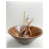 TEAK WOODEN SALAD BOWL AND TONGS MARKED