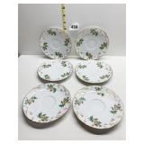SIX HAND PAINTED FLORAL PATTERN TEACUP SAUCERS IN