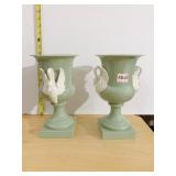 LENOX PAIR OF GREEN CHINA DOUBLE SWAN HANDLE URNS