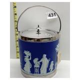 BLUE WEDGEWOOD BISCUIT CAN W/LID SOME WEAR-SEE