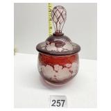 ACID ETCHED RUBY GLASS BOWL WITH LID