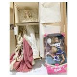 UNIVERSITY BARBIE AND PORCELAIN HEIRLOOM DOLL IN