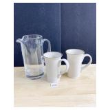 GLASS WATER PITCHER, 2 LARGE MUGS