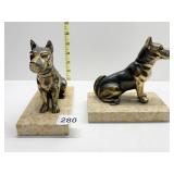 TWO METAL DOGS ON STONE STANDS, DOGS ARE