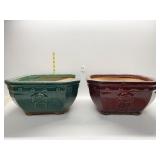 TWO 13"X13"X7" GLAZED POTTERY PLANTERS (RED ONE