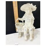 BISQUE GIRL SITTING ON BENCH W/ BASKET AND BENCH