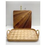 TEAK CUTTING BOARD AND WEAVED WICKER TRAY