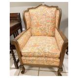 TURNED LEG CUSTOM UPHOLSTERED WOOD FRAME ARMCHAIR