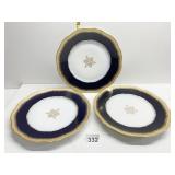 THREE GOLD RIMMED DINNER PLATES MARKED FRANCE
