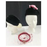 PILL BOX HAT W/ PINK FLOWER, VELVET HAT W/ FUR