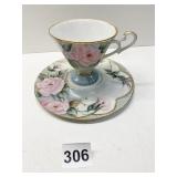 HAND PAINTED TEACUP & SAUCER SIGNED BY ARTIST