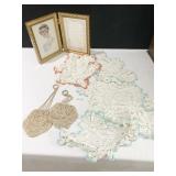 TWO CROCHETED PURSES, DOILIES, PICTURE FRAME WITH