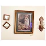 FRAMED PICTURE, WOOD MIRRORS AND CANDLE HOLDER
