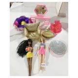 2 BARBIE DOLLS, PLUSH DOLL FURNITURE, DOLL