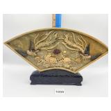 CARVED STONE FAN W/ WOOD BASE 7.5" H X 13.5" W