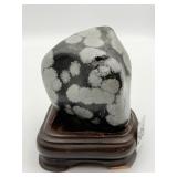 SNOWFLAKE OBSIDIAN MINERAL ON WOOD STAND