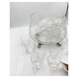 ETCH GLASS PUNCH BOWL WITH 20 CUPS AND