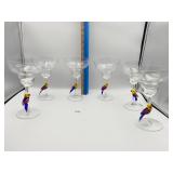 6 STEMMED GLASSES W/ GLASS BIRD BASE