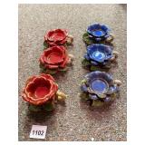 6 VOTIVE CANDLE HOLDERS FLOWERS 3 RED 3 BLUE