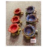 6 VOTIVE CANDLE HOLDERS FLOWERS 3 RED 3 BLUE