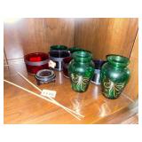 TWO GREEN VASES WITH GOLD HAND PAINTING, VOTIVE