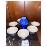 5 SAKE CUPS AND 4 INCH GLAZED BLUE VASE