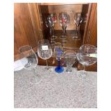 GROUP OF STEMMED GLASSES SIX WITH RED STRIPE AND