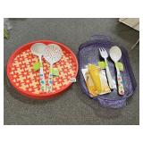 2 NEW PLASTIC SERVING TRAYS AND SERVING UTENSILS