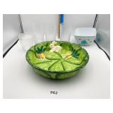 CABBAGE BOWL, 3 PLASTIC BOWLS AND GLASSES