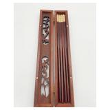 CARVED BOX W/ BRASS DETAILED TIP CHOPSTICKS