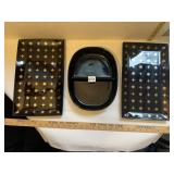 BLACK CORNING DIVIDED DISH AND 2 BLACK AND GOLD