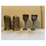 METAL CANDLE COVERS AND 2 SILVER PLATE GLASSES