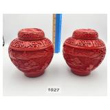 TWO CINNABAR ENAMELED INTERIOR GINGER JARS 5.5" H
