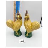 QING YELLOW GLAZED POTTERY ROOSTERS TWO PORCELAIN