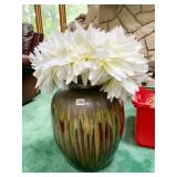 GLAZED POTTERY VASE W/ WHITE FLOWERS MADE IN