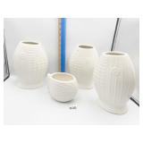 3 GLAZED FISH SHAPE 10" VASES AND LOW FISH DISH