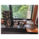 MODERN SPICE DISPLAY RACK, COVERED CAKE DOME,