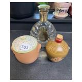 COVERED POTTERY POT AND BOTTLES