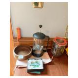 COFFEE PRESS, WOOD BOWL, GLASS GECKO DAMAGED