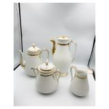 4 PC ANTIQUE TEA SET WHITE PORCELAIN W/ GOLD RIM