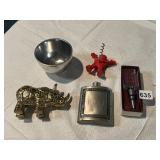 GOLD TONE RHINO, PEWTER FLASK, WINE OPENER, WINE